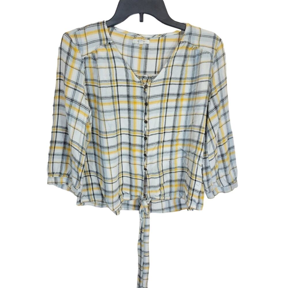 Maurices Yellow White Black Plaid Button Up Front Tie Peasant Top Size Large